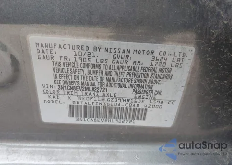 2021 Nissan Versa Sv Xtronic Cvt из США, поврежденный, VIN 3N1CN8EV2ML922721